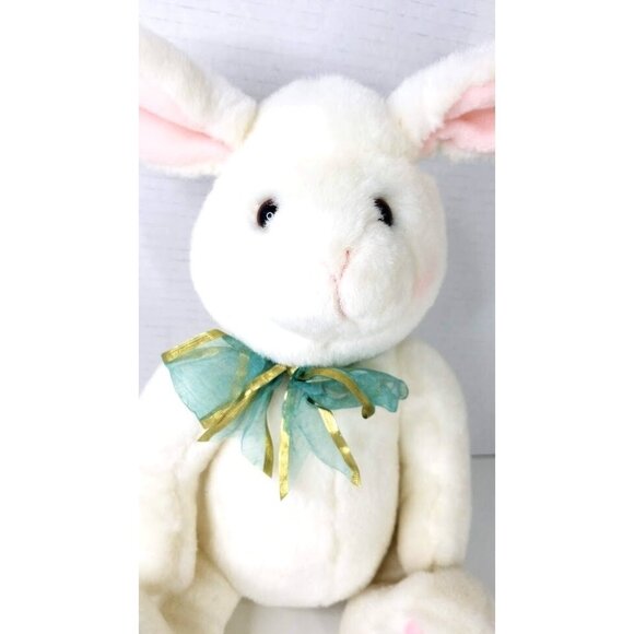 Gund Plush 11" Bunny Rabbit White Stuffed Animal Sitting Green Gold Ribbon - Picture 2 of 10